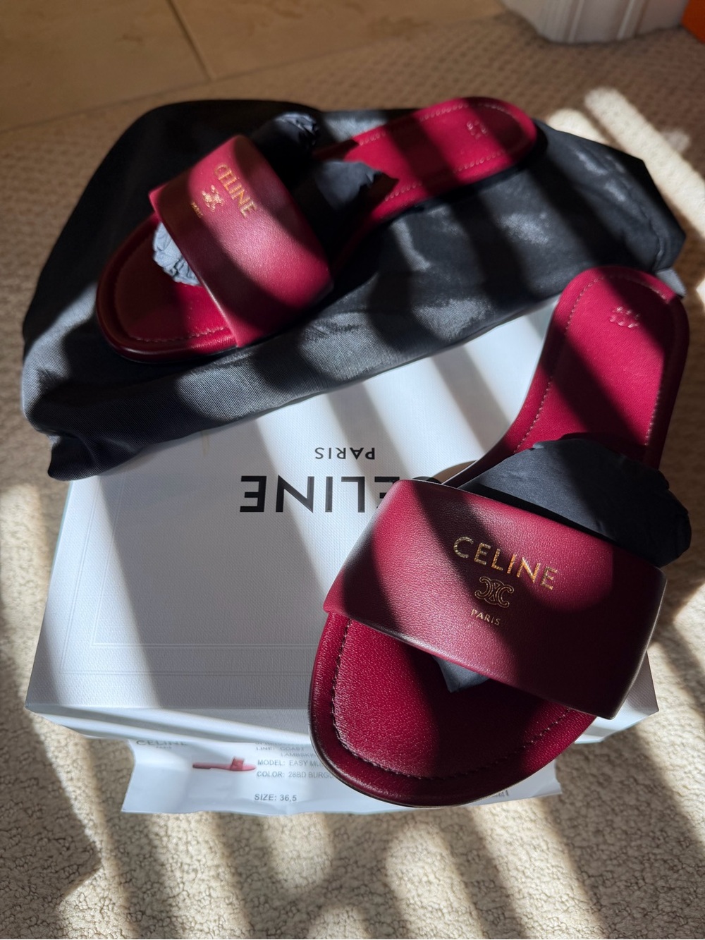 Celine Burgundy Leather Slide Sandals with Gold Logo